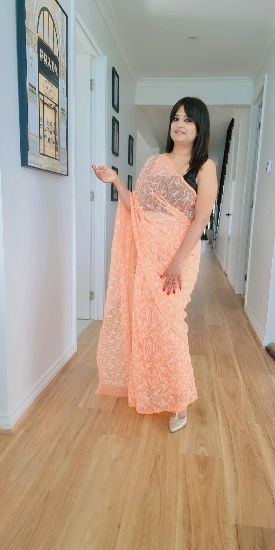 Georgette chikankari saree — front view | Tepchi saree