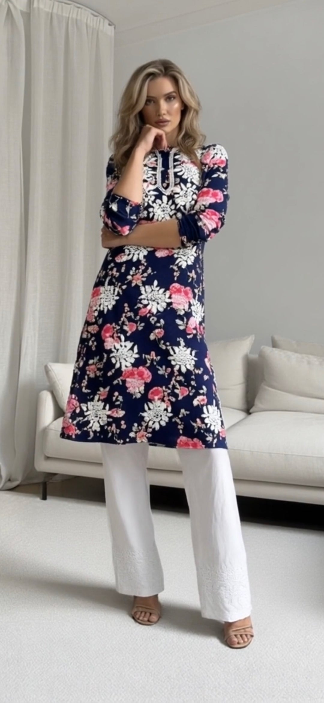 Mulmul cotton women's chikankari kurta — front view | Summer Kurta and pants