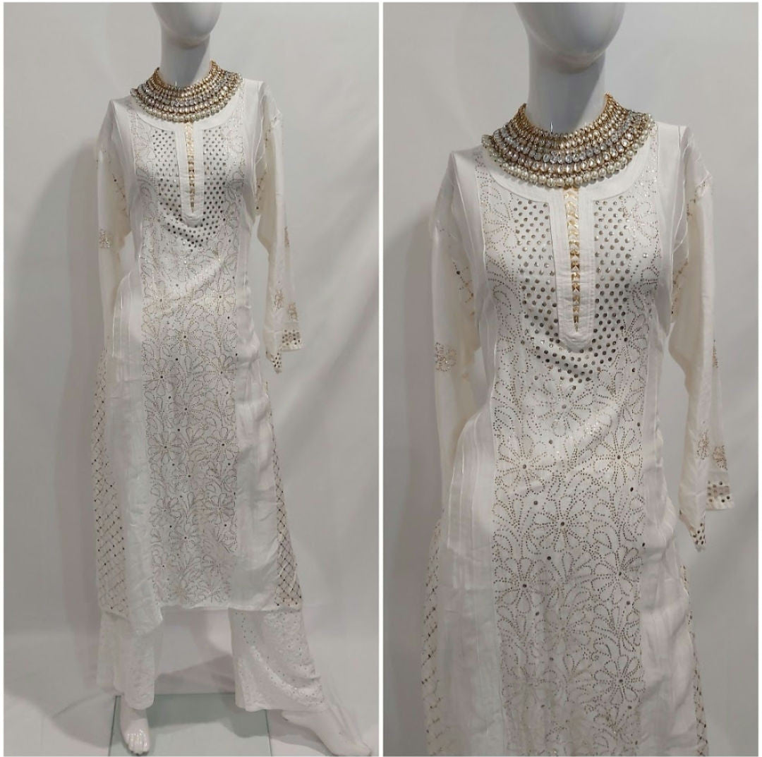 Silk women's chikankari palazzo set — front view | Pure silk mukaish gota kurta with palazzo