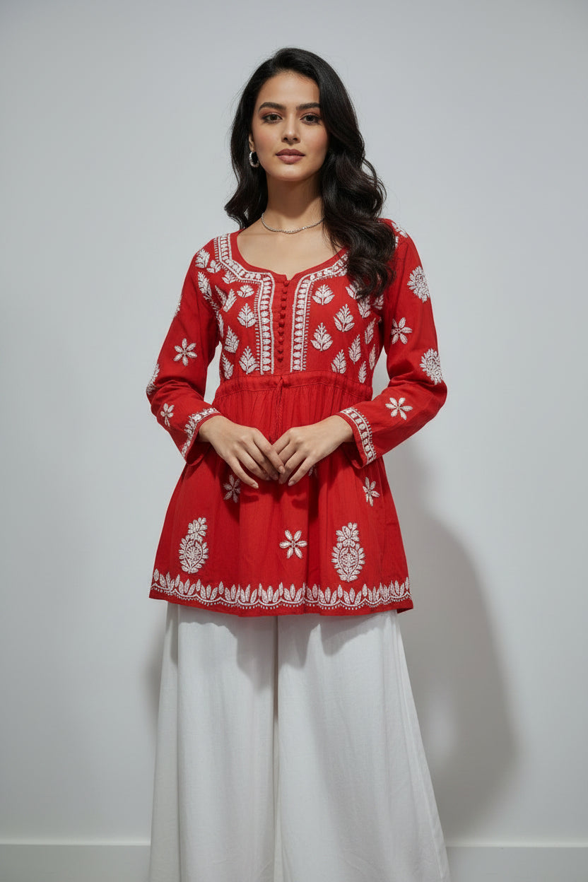 Cotton women's chikankari top — front view | Summer Sunrise Short Top