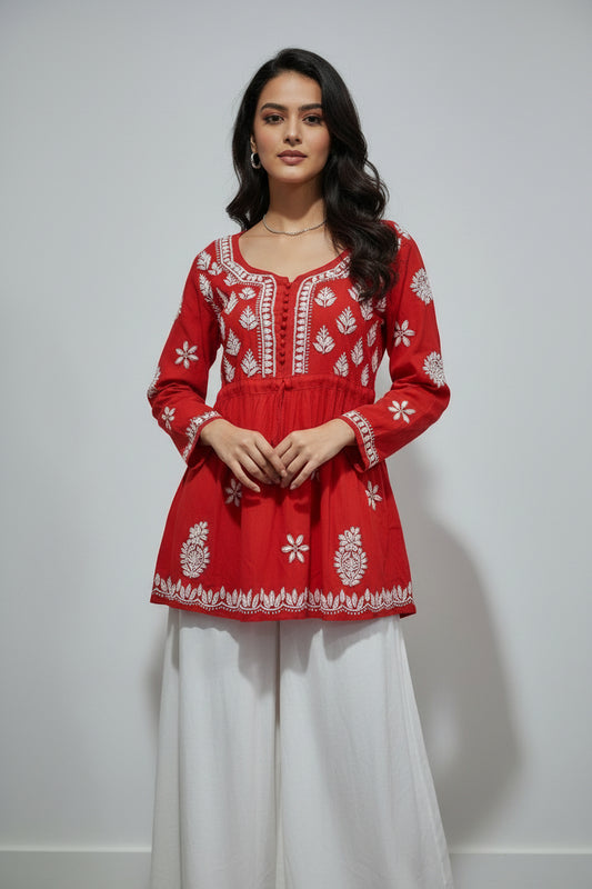 Cotton women's chikankari top — front view | Summer Sunrise Short Top