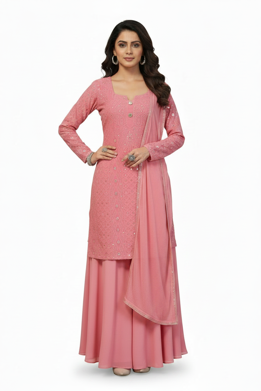 Pink georgette women's chikankari lehenga — front view | Pink Lehenga skirt with Short Kurta and Dupatta