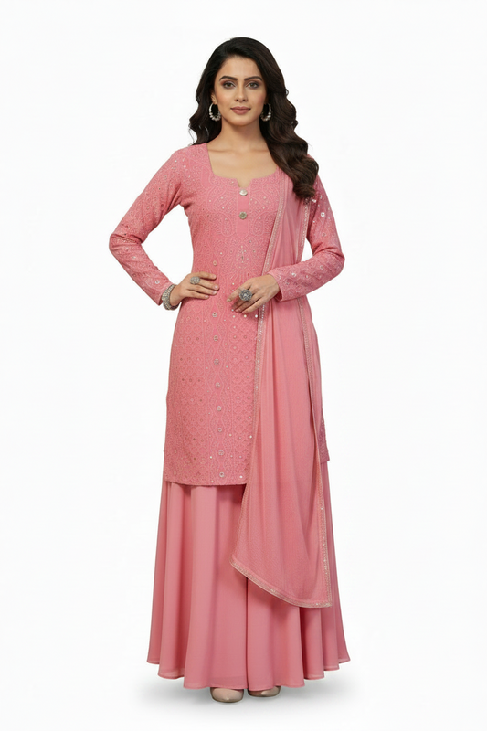 Pink georgette women's chikankari lehenga — front view | Pink Lehenga skirt with Short Kurta and Dupatta