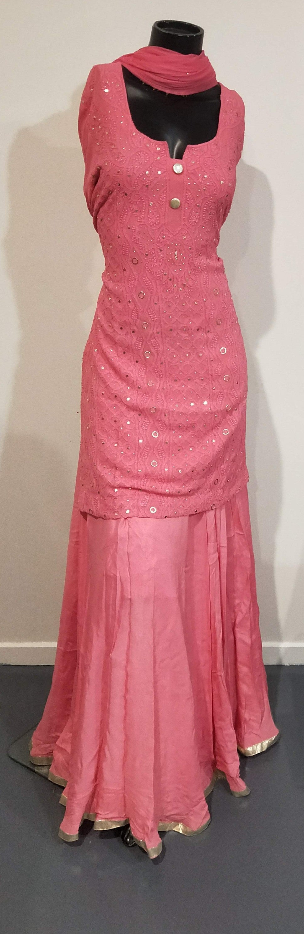Pink georgette women's chikankari lehenga — back view | Pink Lehenga skirt with Short Kurta and Dupatta