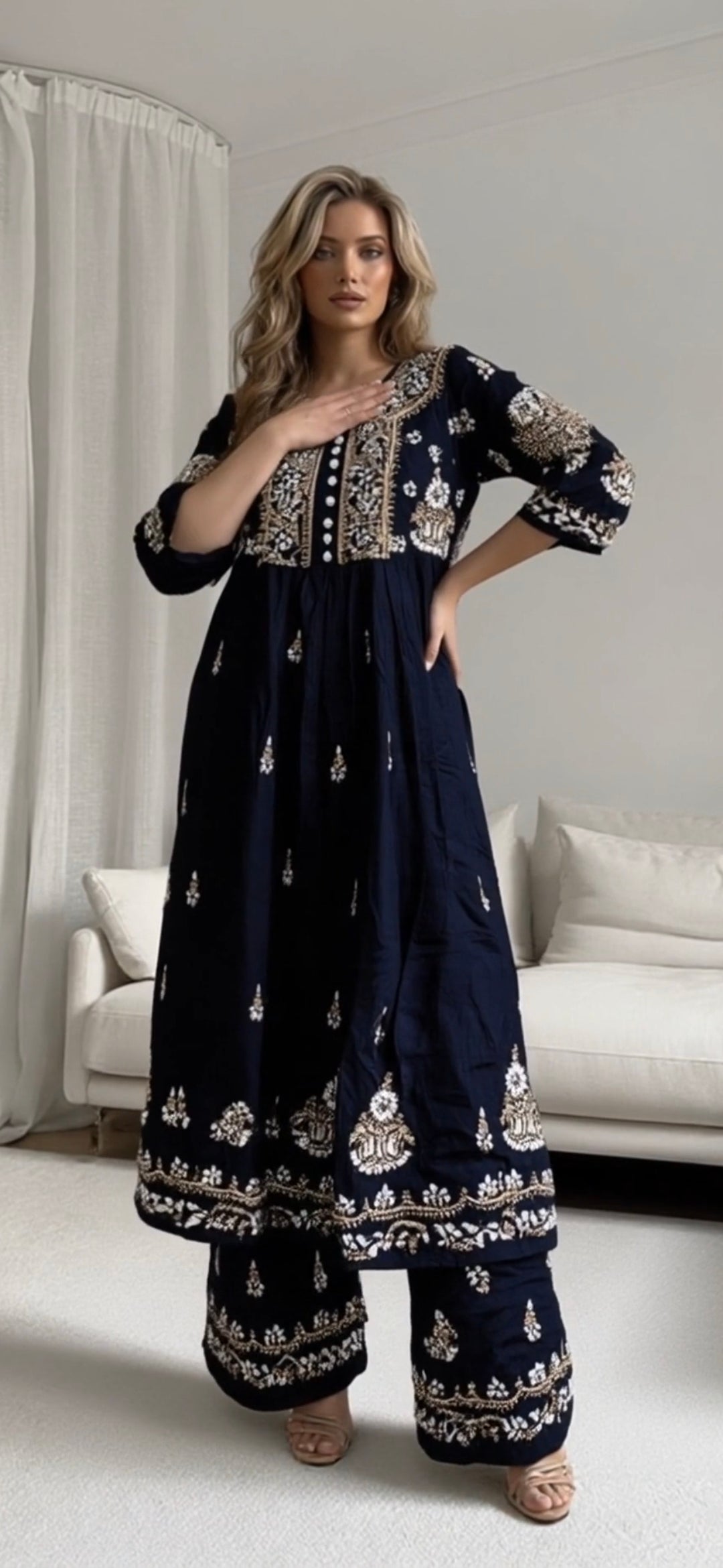Mulmul cotton women's chikankari palazzo set — front view | Nargisi frock kurta & palazzo