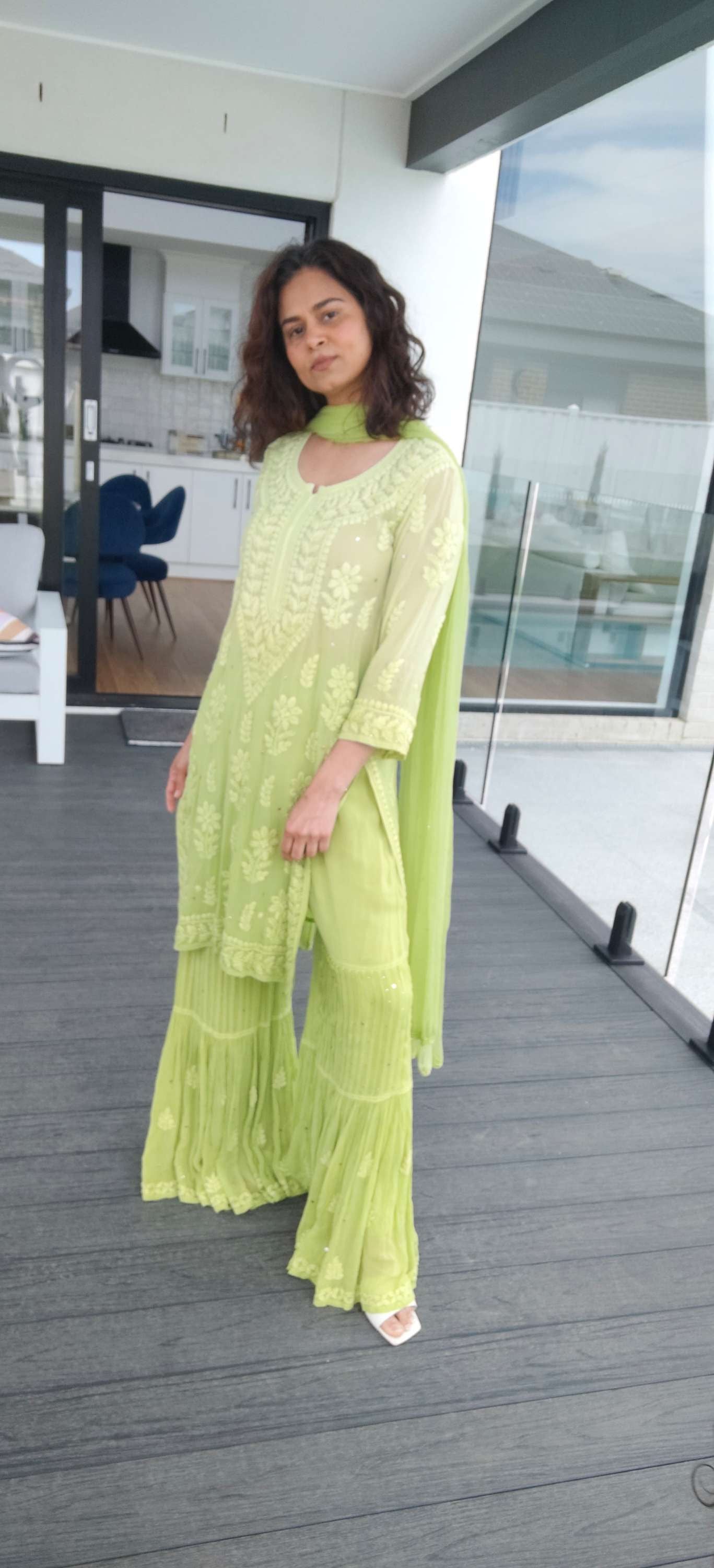 Shahnaz chikankari sharara suit mint green ombre