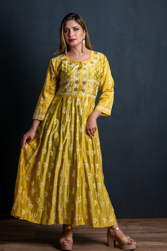 Silk long dress in Mukaish front