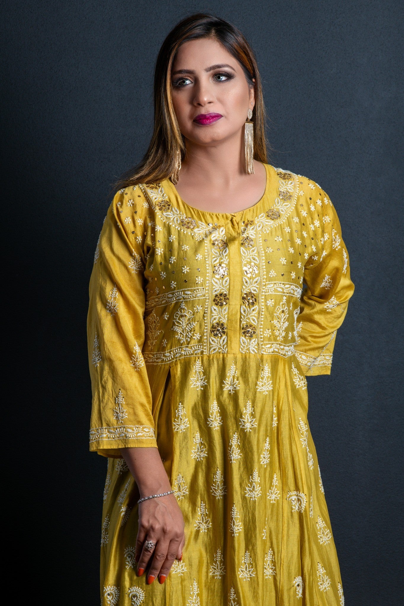 Silk long dress in Mukaish closeup