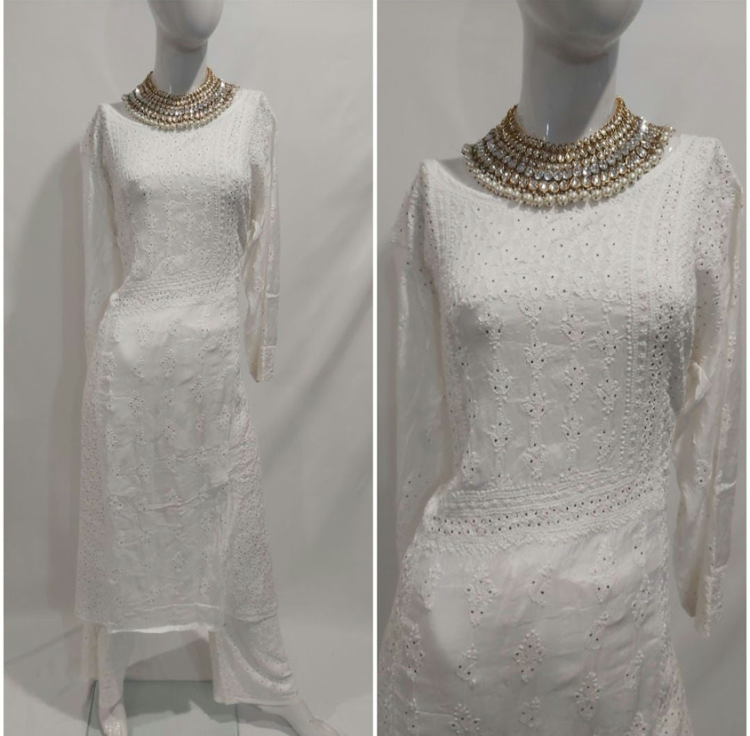 Silk women's chikankari kurta — front view | Silk cotton chikan mukaish kurta