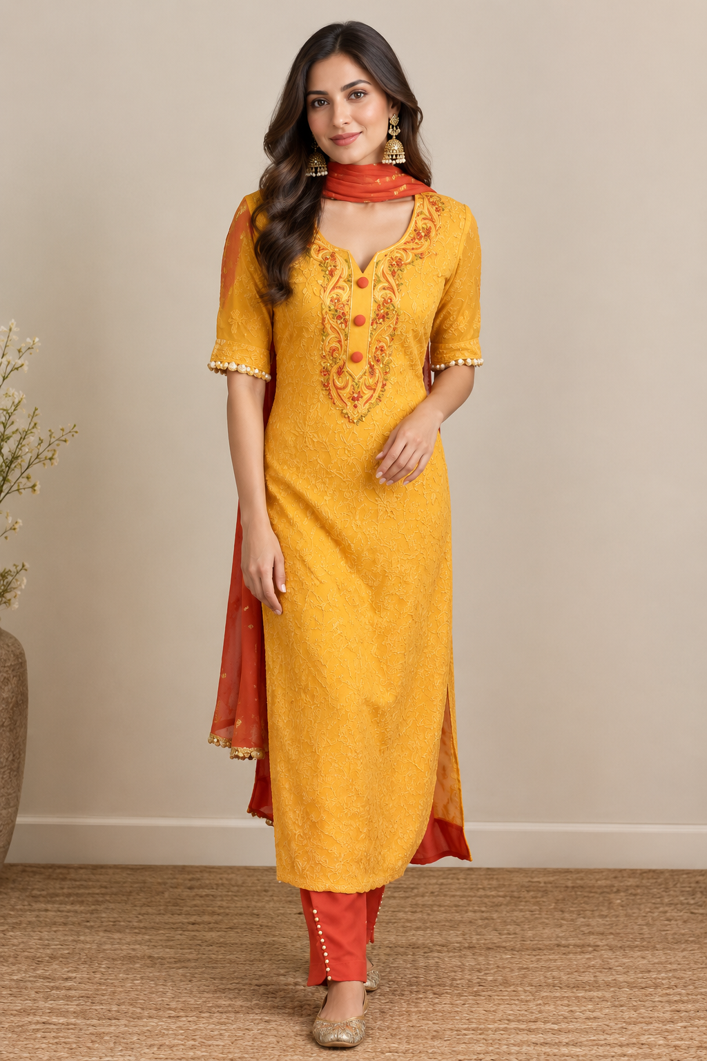 A woman modeling a mustard yellow kurta with orange-red embroidered details, paired with matching orange-red pants and a red dupatta, standing against a neutral beige wall.