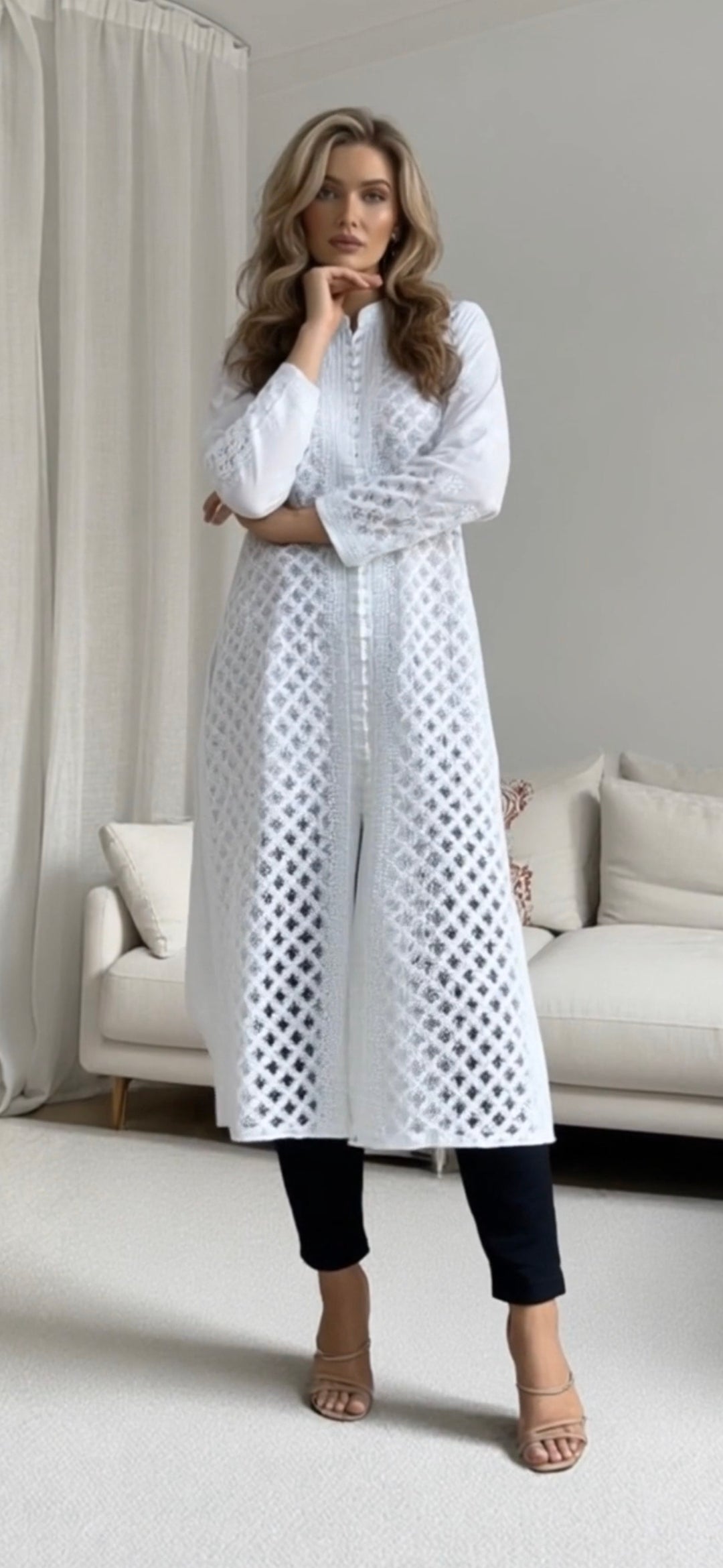 Silk women's chikankari kurta — front view | Silk Kurta Sherwani Style