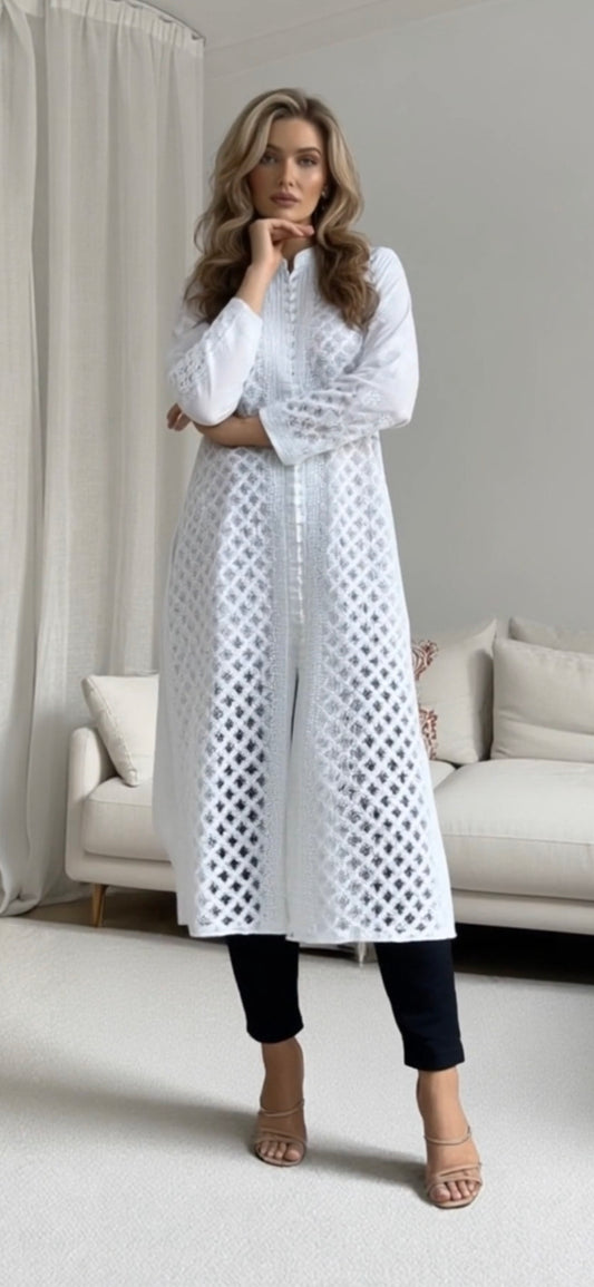 Silk women's chikankari kurta — front view | Silk Kurta Sherwani Style