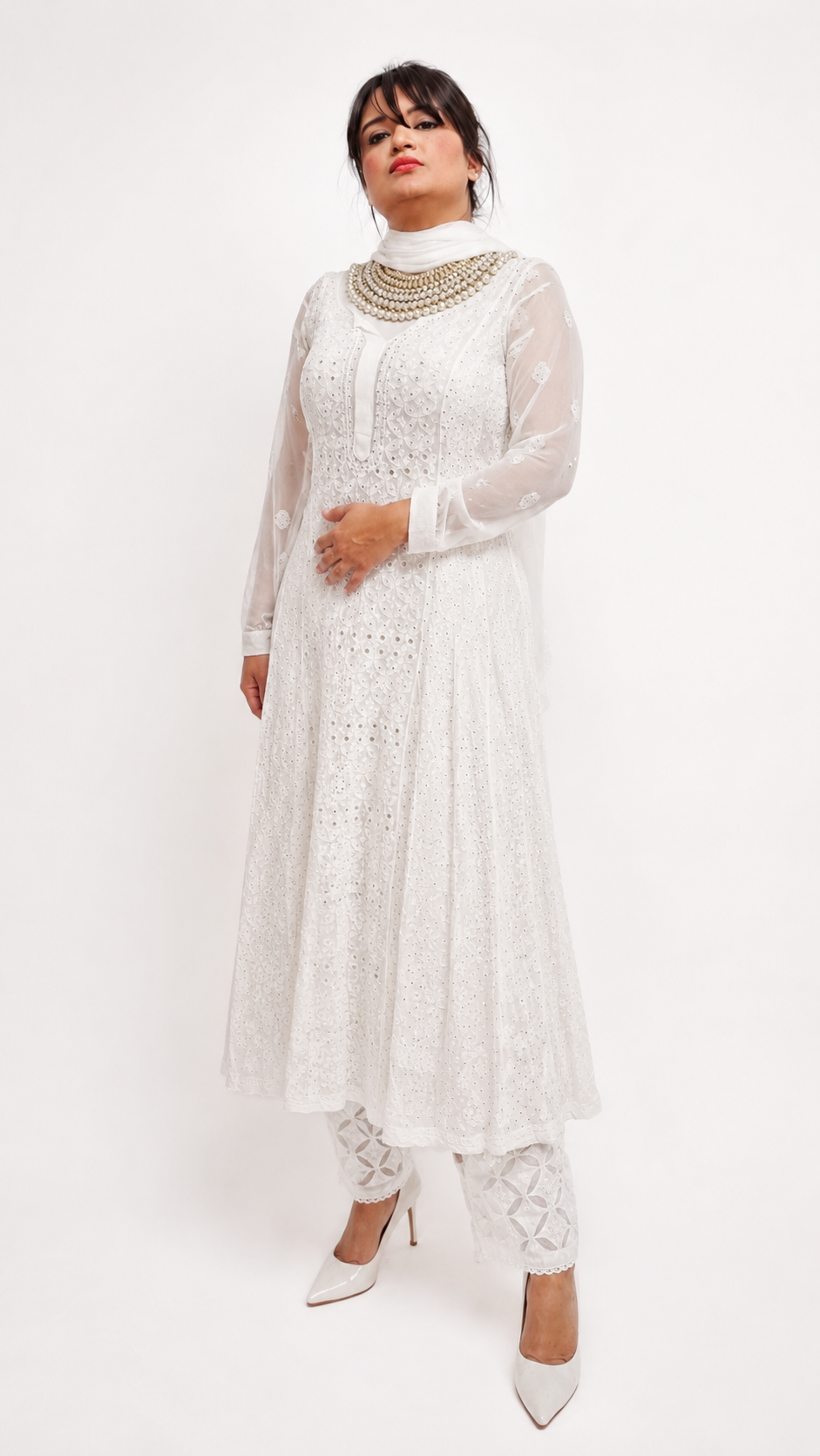 White chikankari and mukaish anarkali