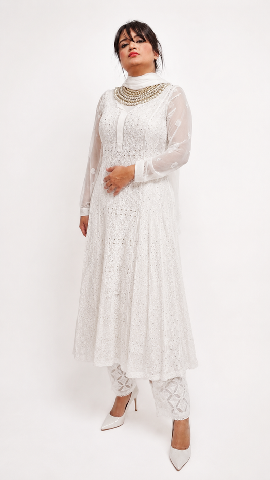 White chikankari and mukaish anarkali