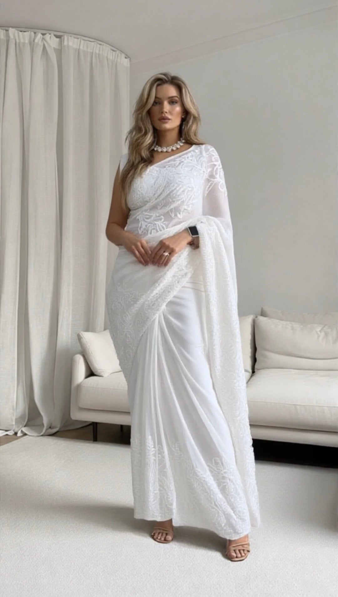 White chikankari sari full front long