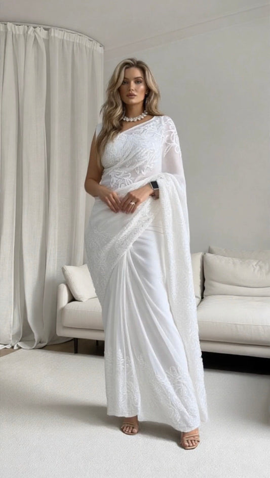 White chikankari sari full front long