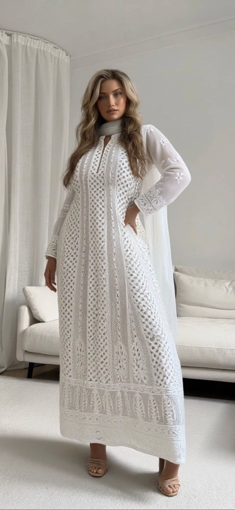 White gotappati chikankari anarkali