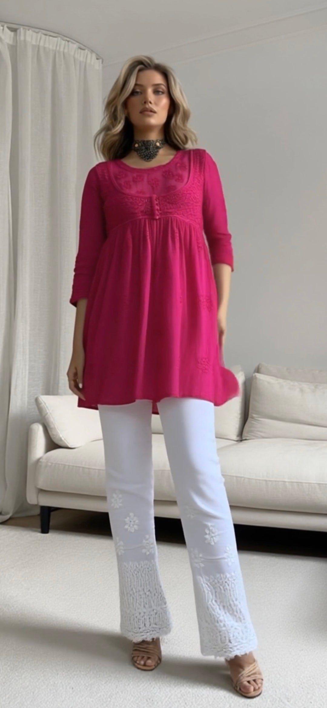 Georgette women's chikankari top — front view | Ruhaani short top