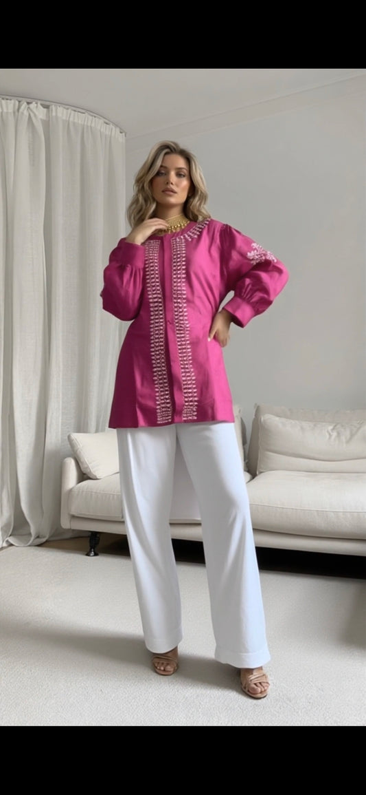 Wine silk chikankari short shirt