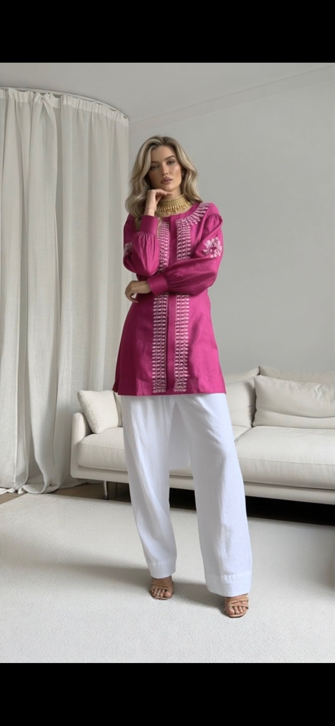 Wine silk chikankari short shirt full