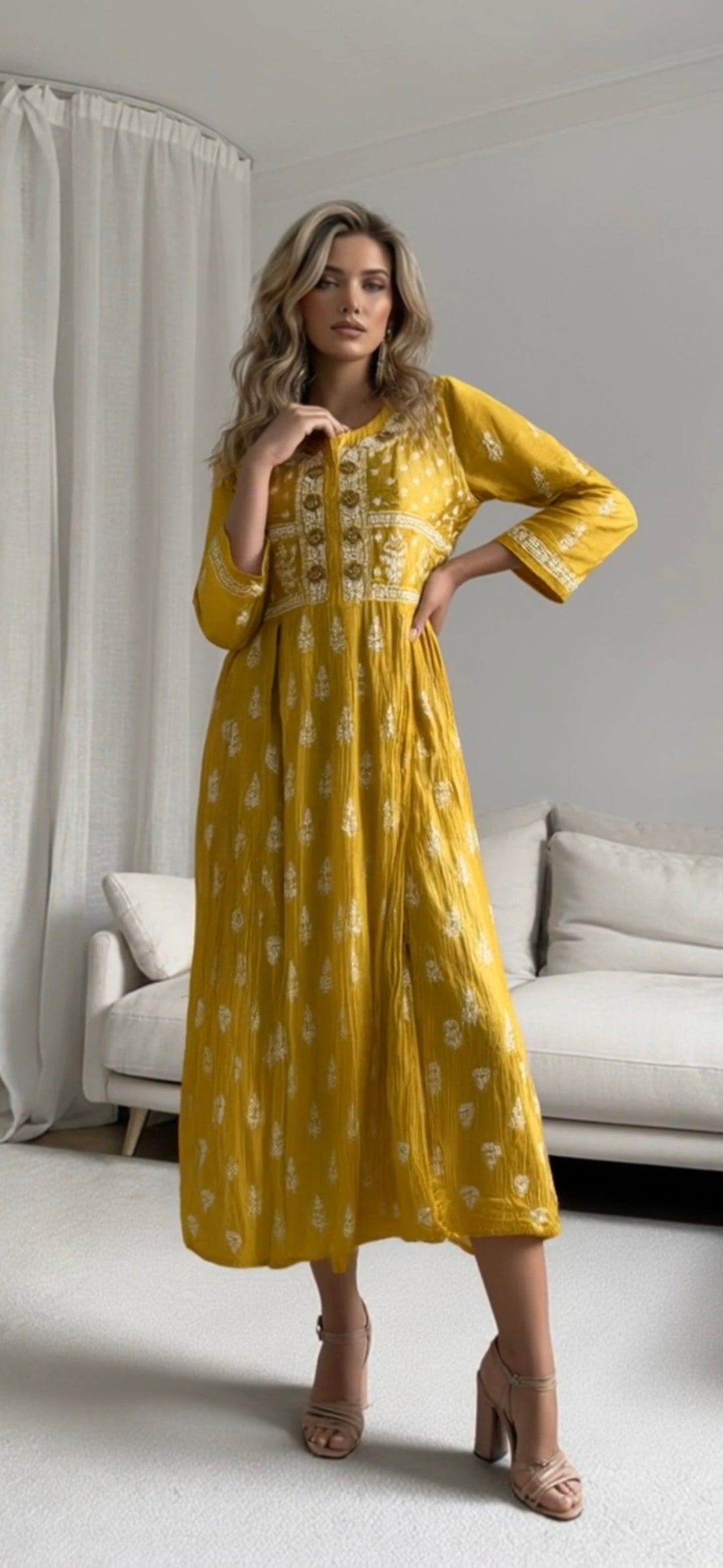 Yellow-chikan_mukaish_long_dress_full front
