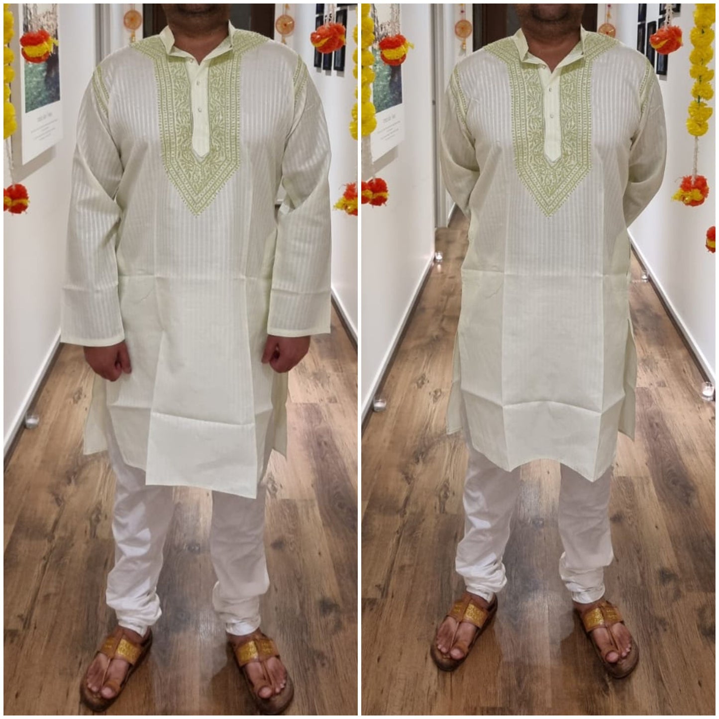 Cotton men's chikankari kurta pyjama set — front view | Shiny Men's Cotton kurta and Pajama set