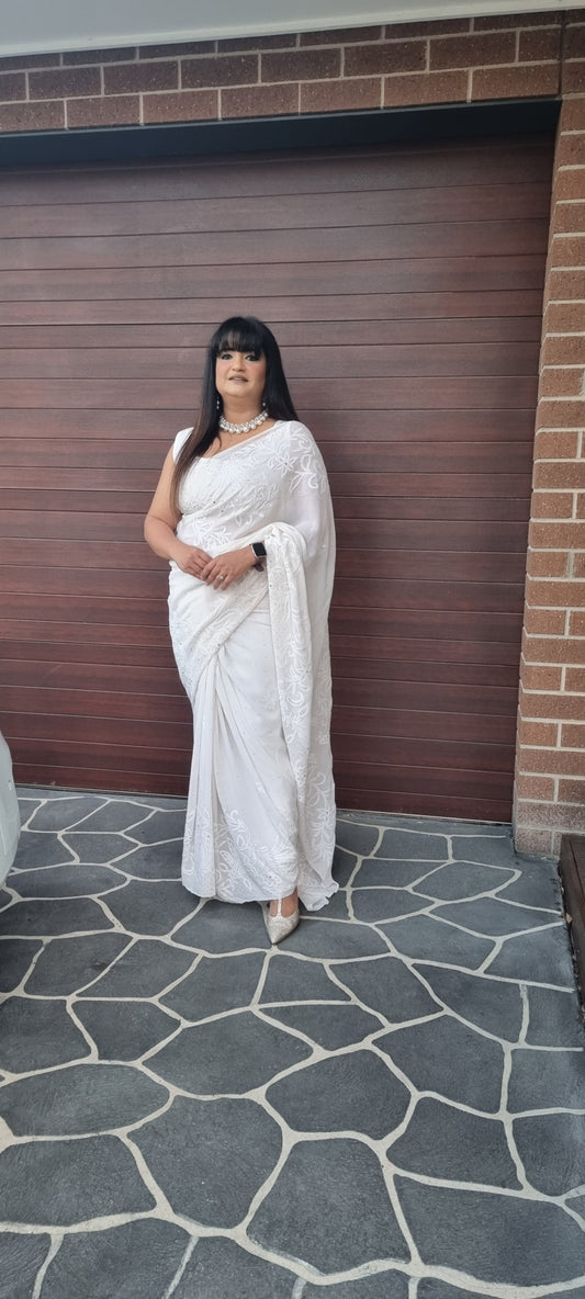 White designer saree chikankari
