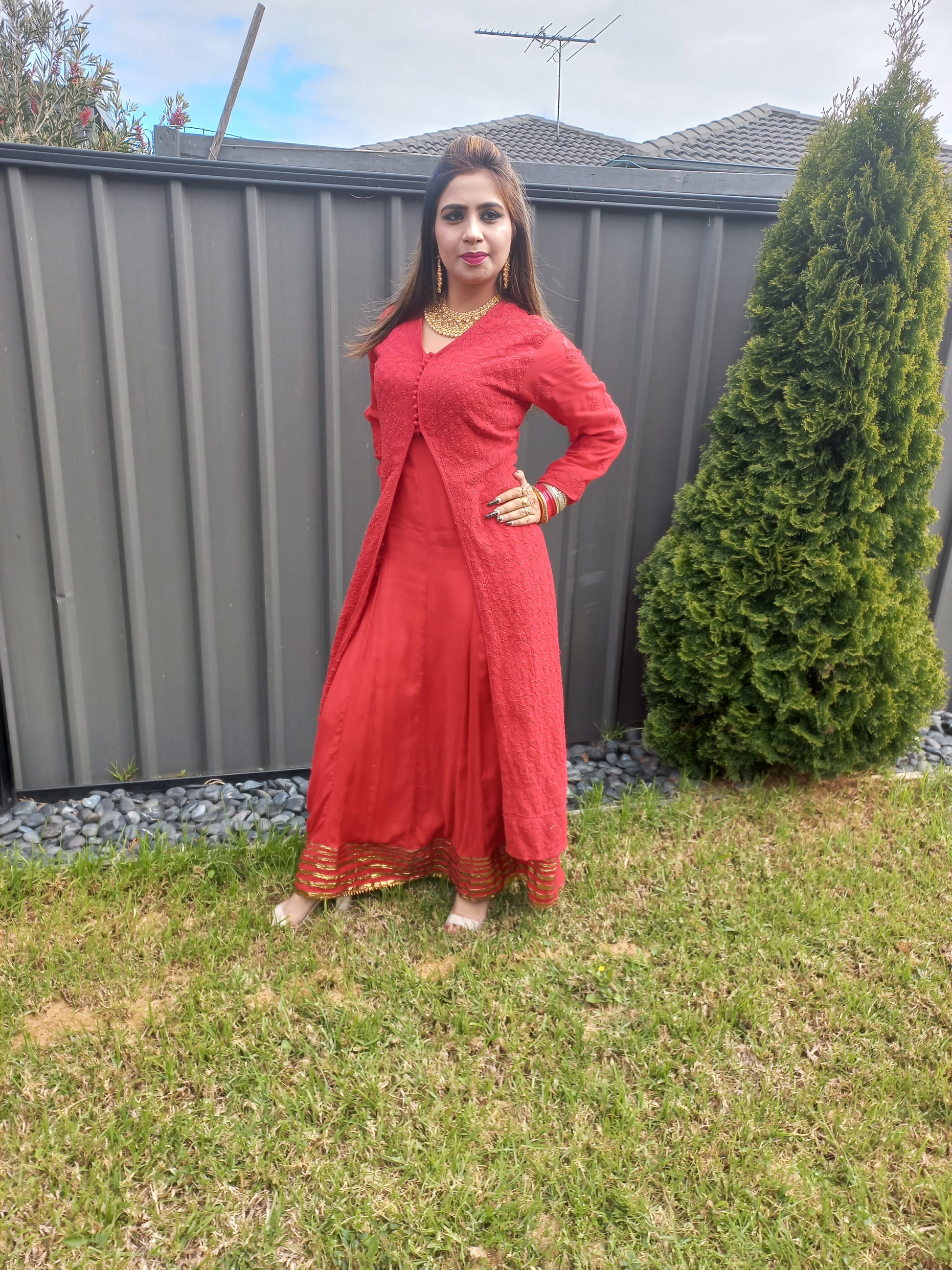 Women's chikankari dress — back view | Luxury Long dress with Jacket