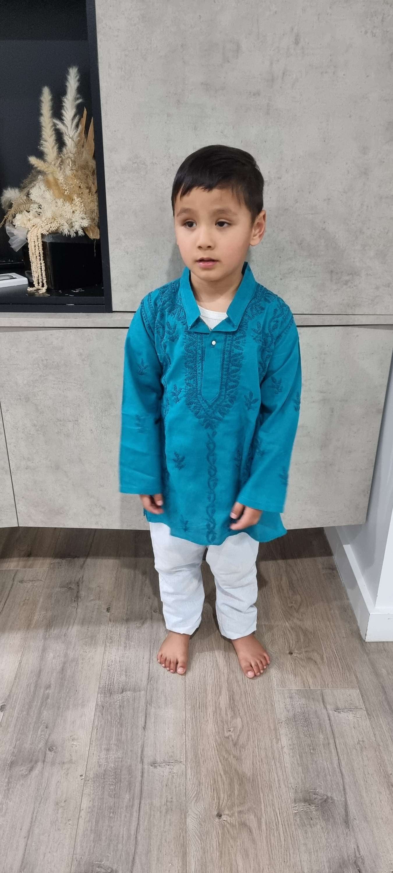 Cotton kids' chikankari kurta pyjama set — front view | Boy's Kurta and pajama