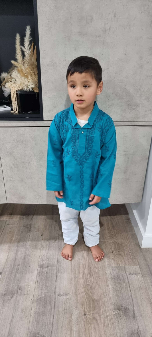 Cotton kids' chikankari kurta pyjama set — front view | Boy's Kurta and pajama