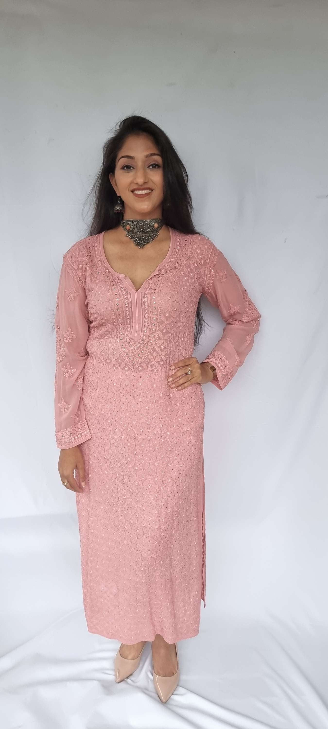 Women's chikankari kurta — front view | Designer all over heavy Mukaishkari Chikankari kur…