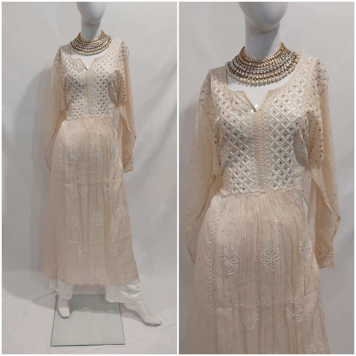 Pure silk n tissue chikankari dress