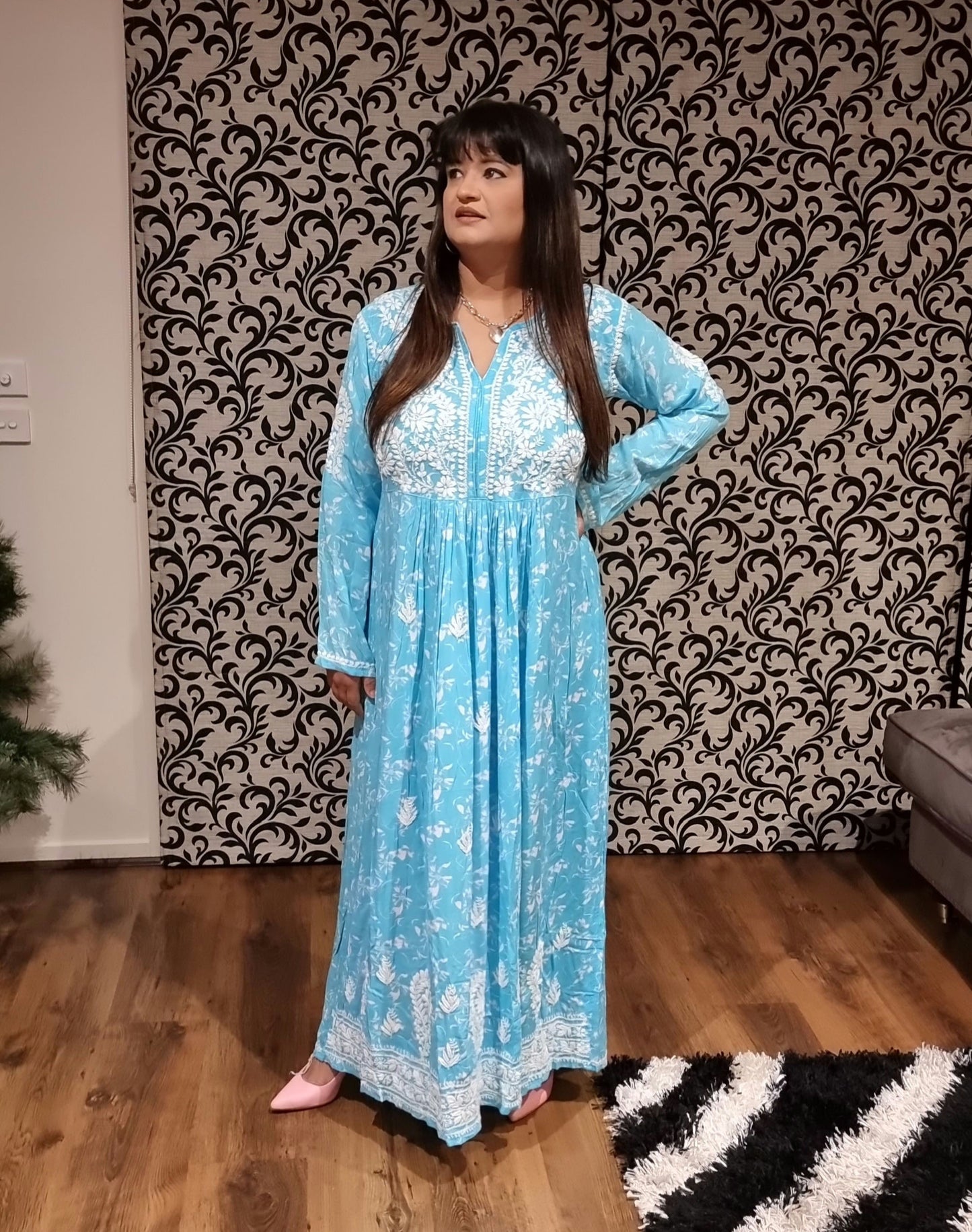 Mulmul cotton women's chikankari dress — back view | Summer Fresh long dress
