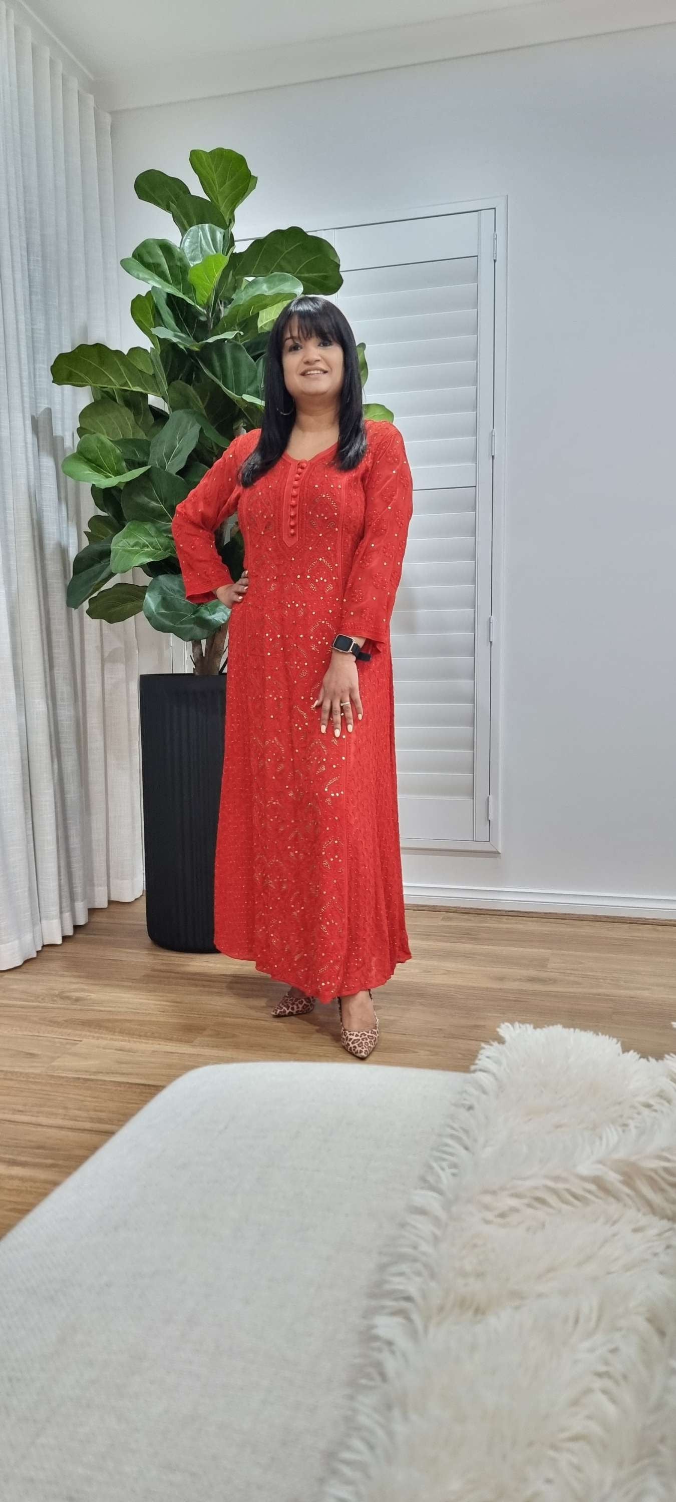 Red georgette women's chikankari anarkali — front view | Designer Blood red anarkali