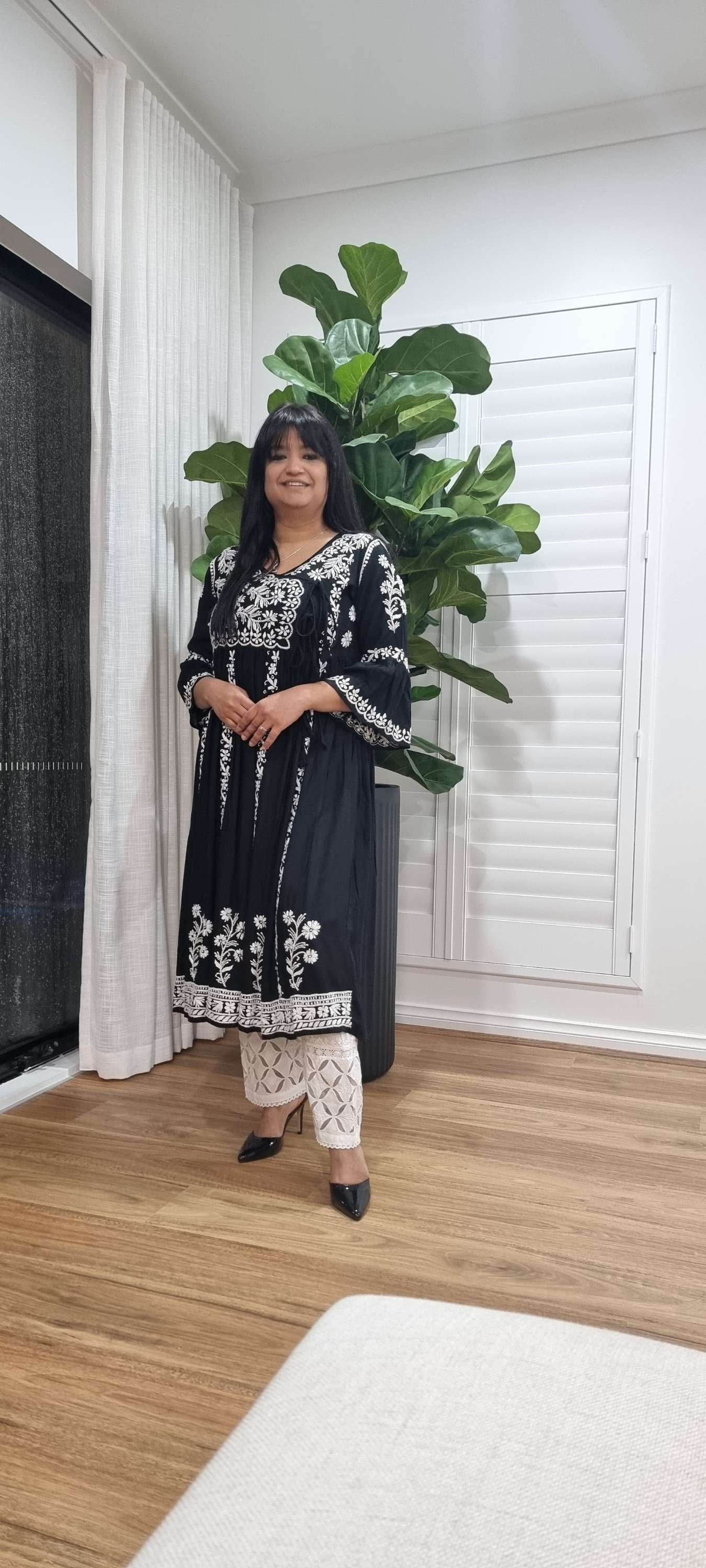 Black cotton women's chikankari angrakha — back view | Black angrakha cotton dress