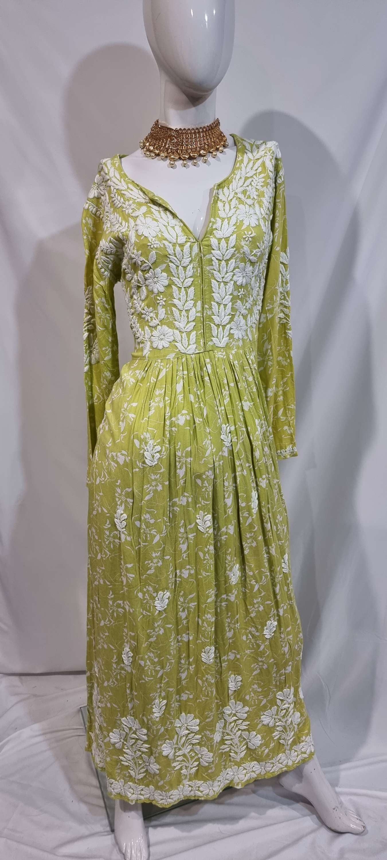 Mulmul cotton women's chikankari dress — side view | Summer Fresh long dress