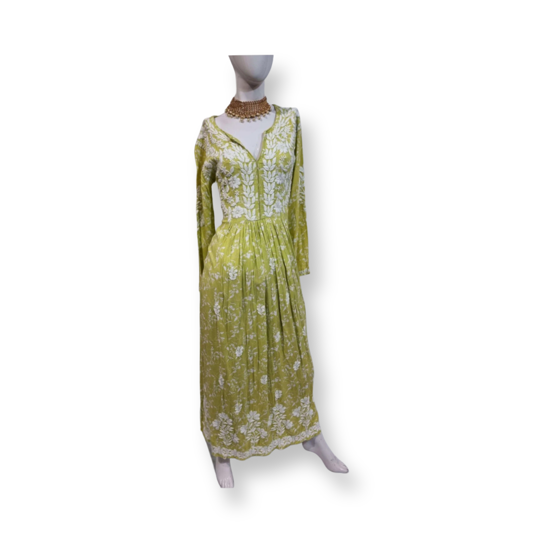 Mulmul cotton women's chikankari dress — front view | Summer Fresh long dress