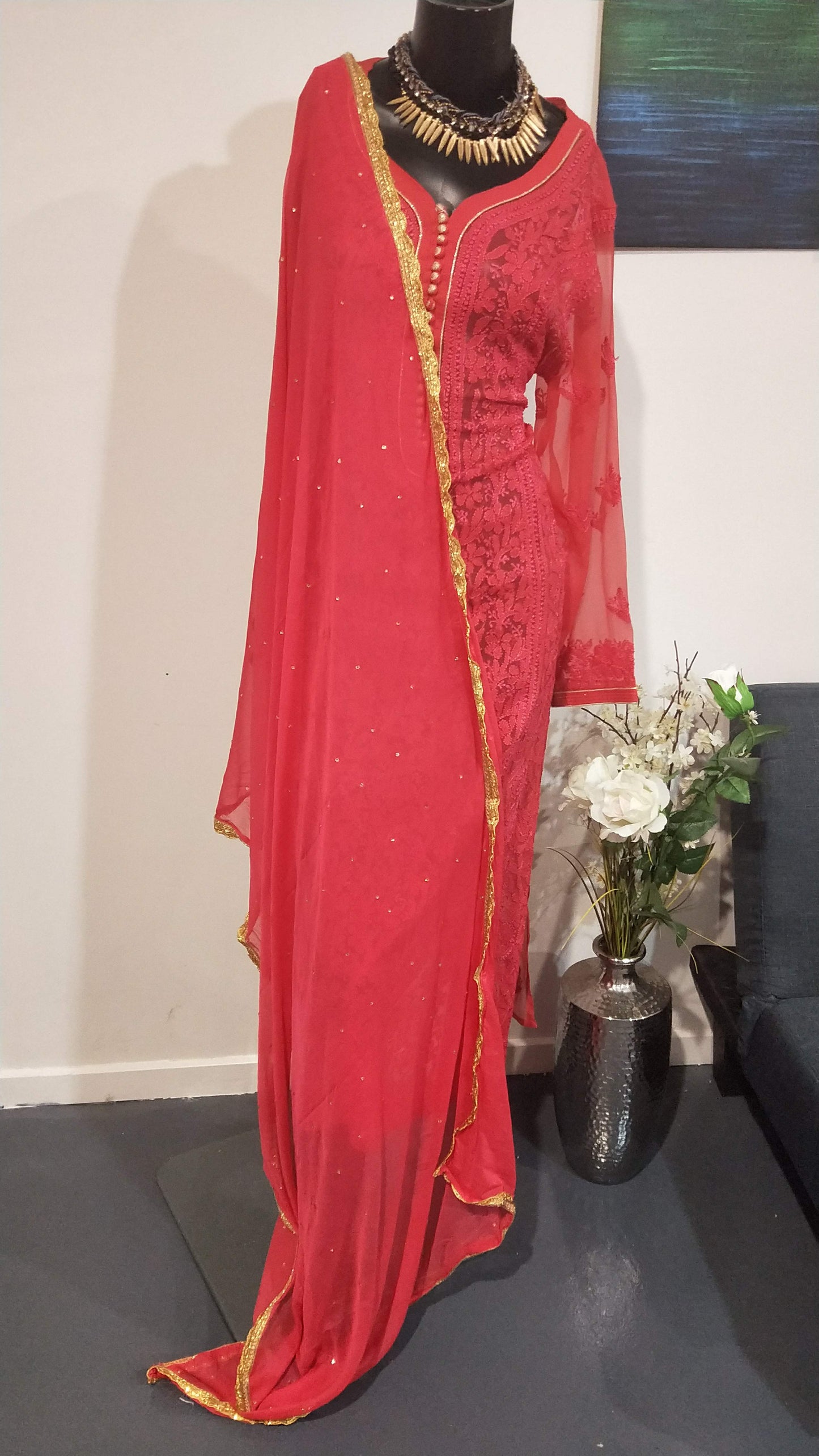 Red Chikankari suit