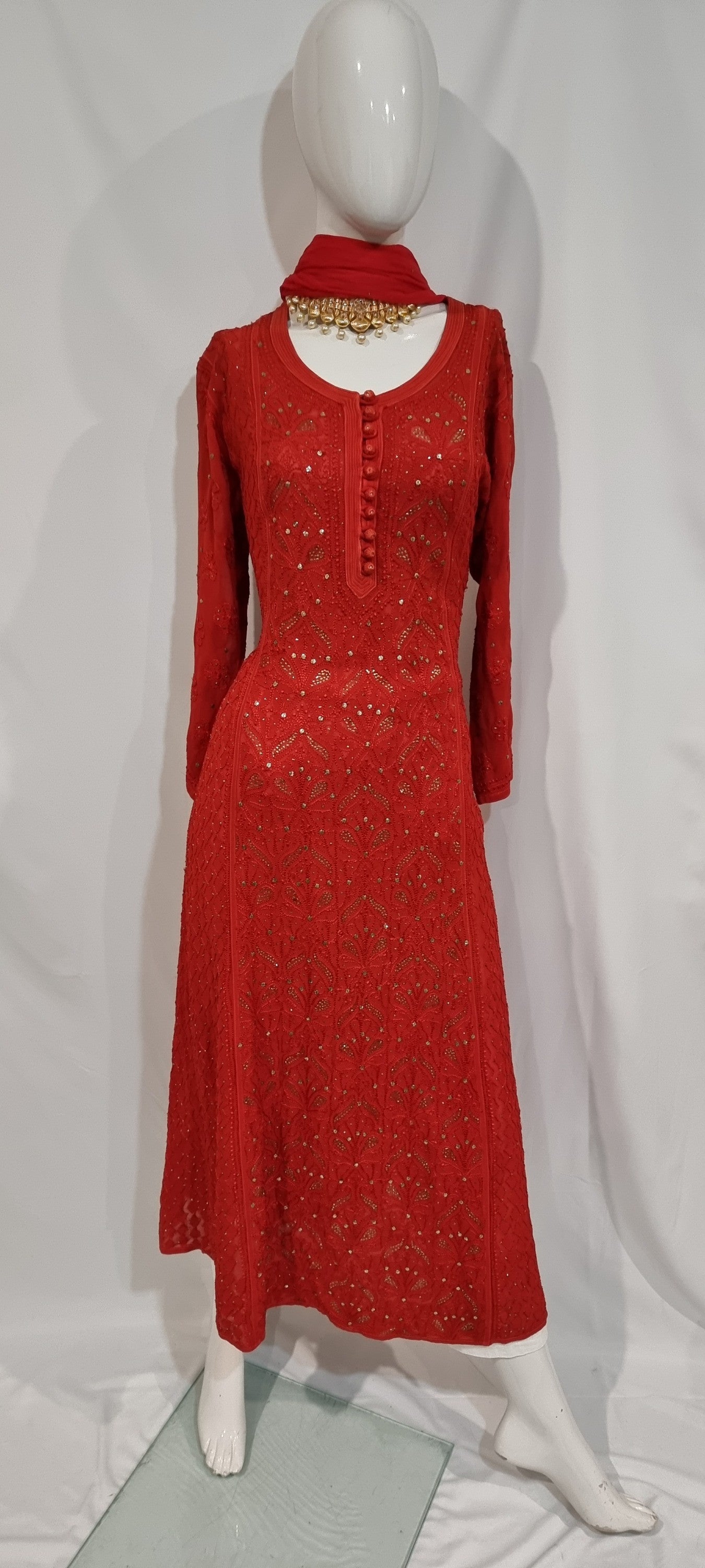Red georgette women's chikankari anarkali — side view | Designer Blood red anarkali