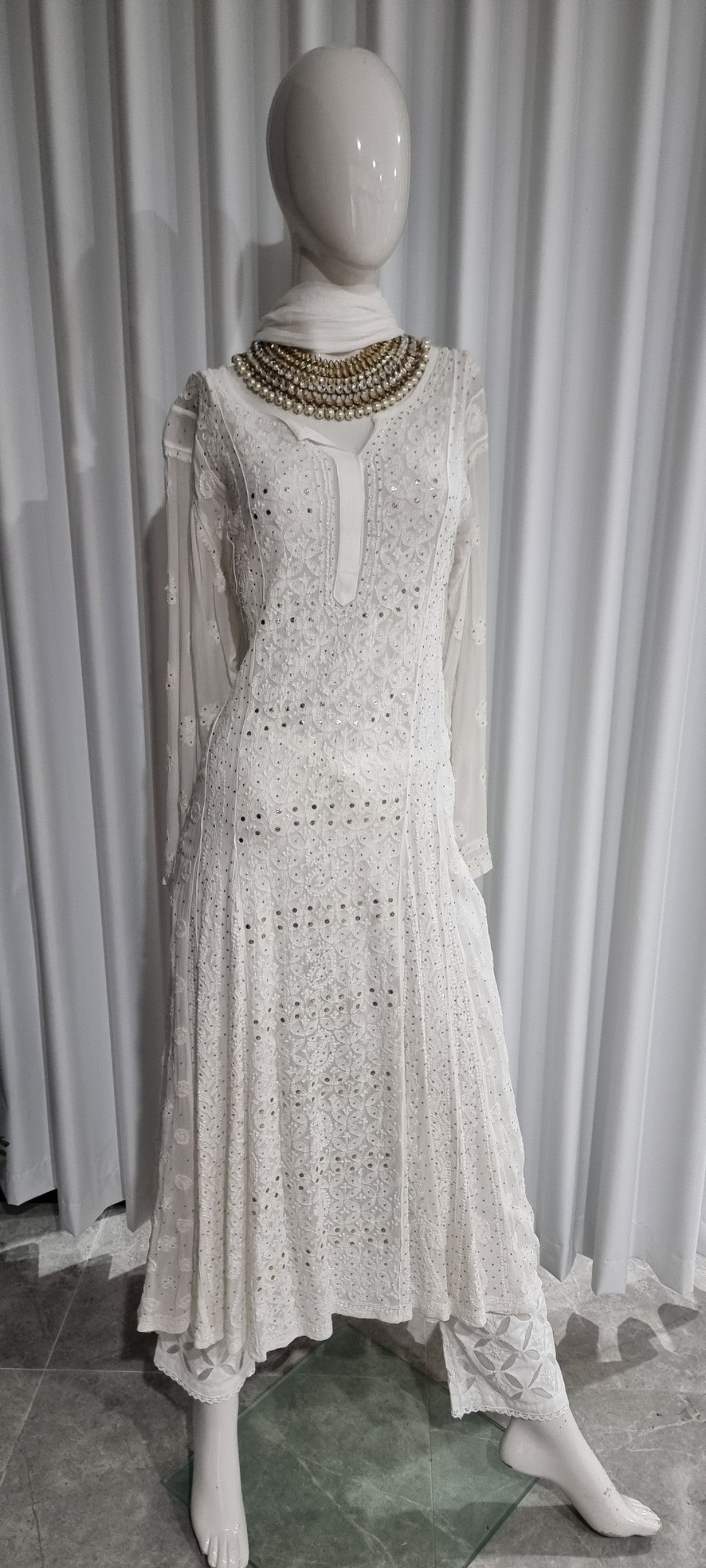 Georgette women's chikankari anarkali — front view | Designer Chikan and Mukaish Anarkali suit