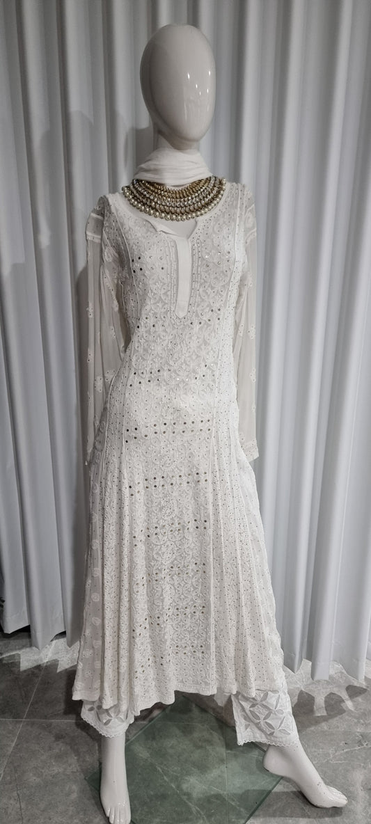 Designer Chikan and Mukaish Anarkali suit