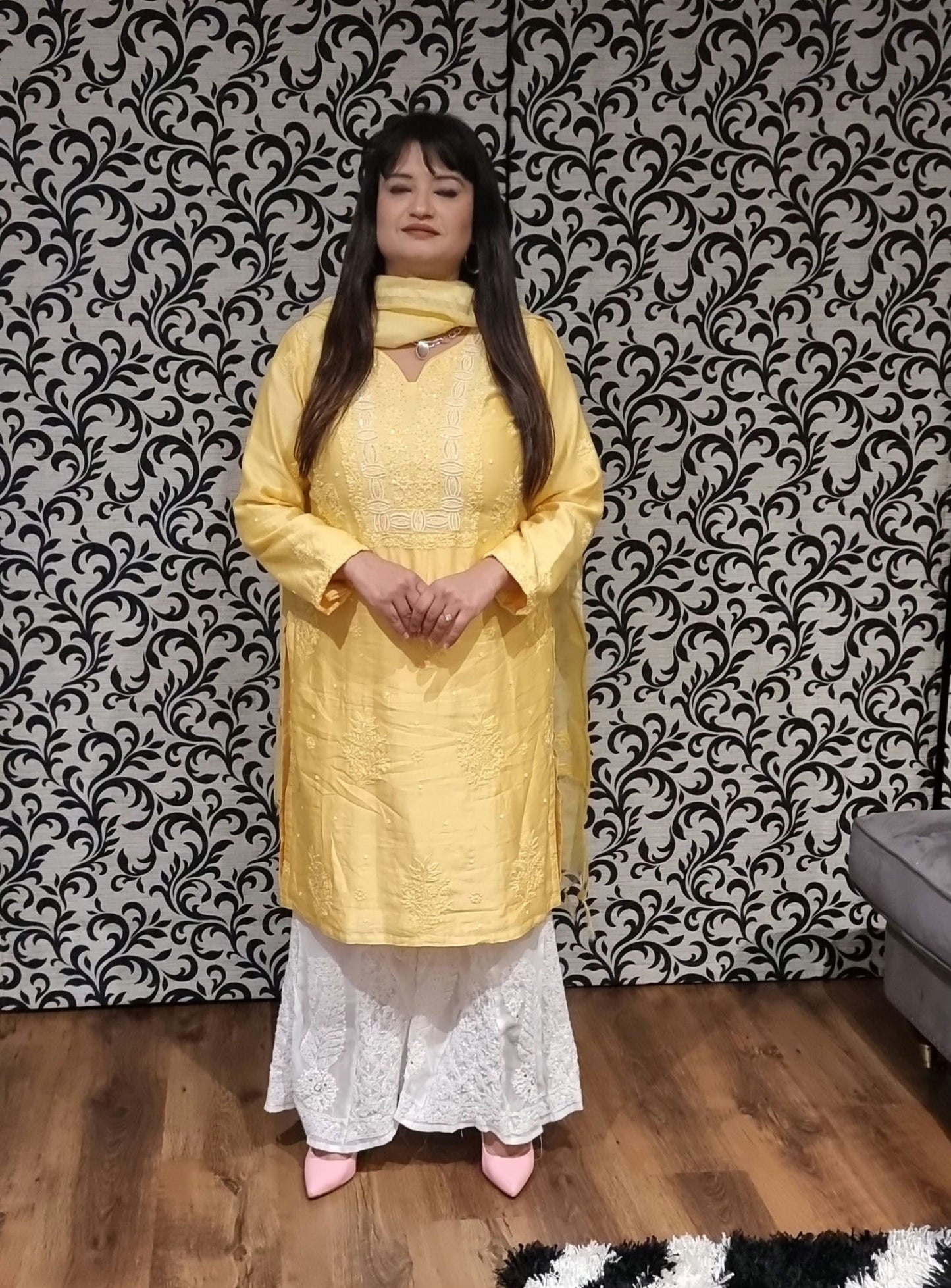 Silk chikankari dupatta — back view | Silk kurta dupatta set