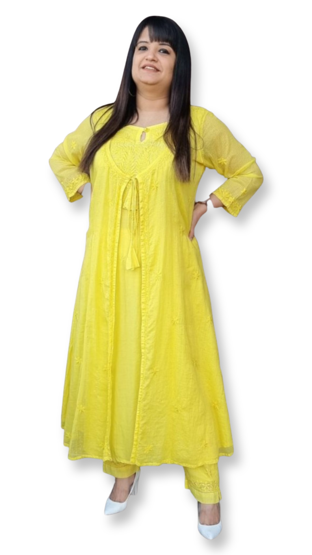 Cotton women's chikankari kurta — front view | Kota angrkaha kurta with pants