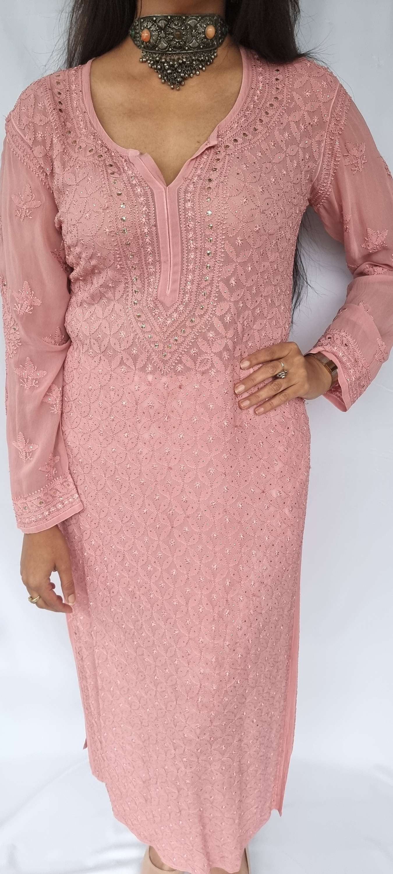 Women's chikankari kurta — full length | Designer all over heavy Mukaishkari Chikankari kur…