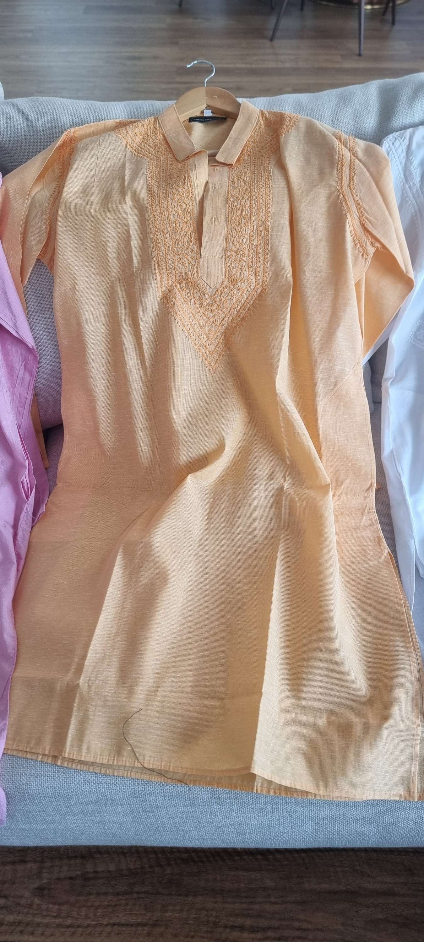 Cotton men's chikankari kurta pyjama set — embroidery close-up | Shiny Men's Cotton kurta and Pajama set