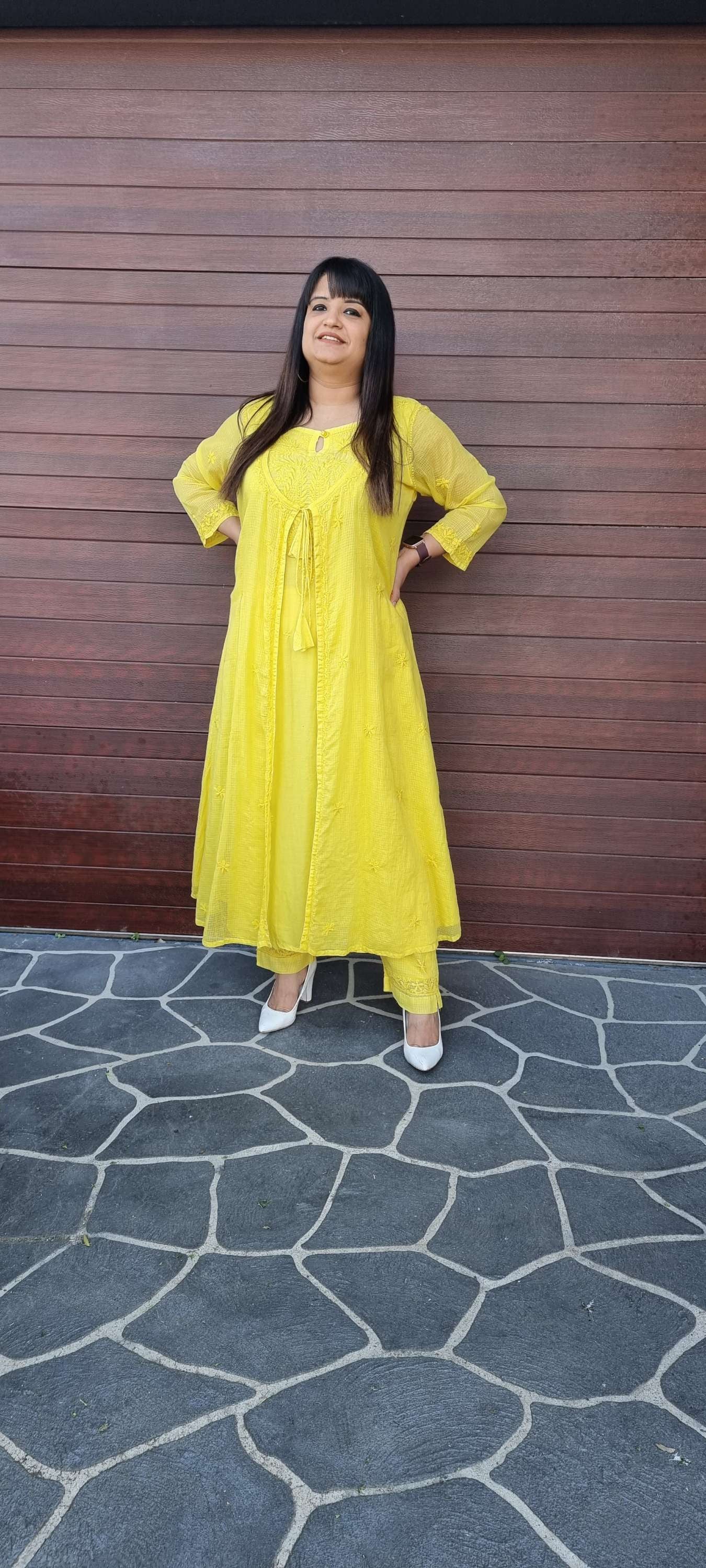 Cotton women's chikankari kurta — side view | Kota angrkaha kurta with pants