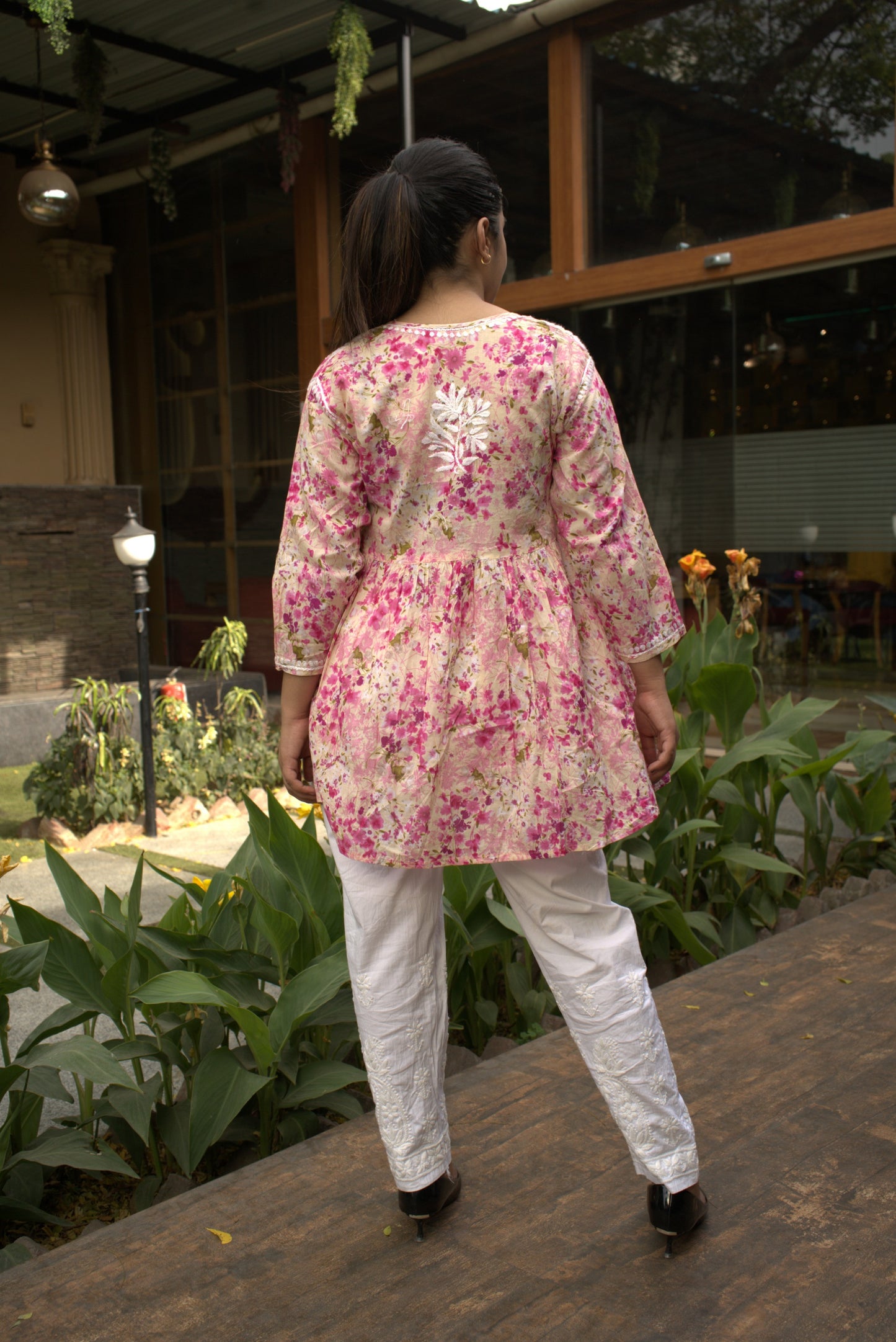 Cotton women's chikankari top — back view | Dia Short Cotton Top