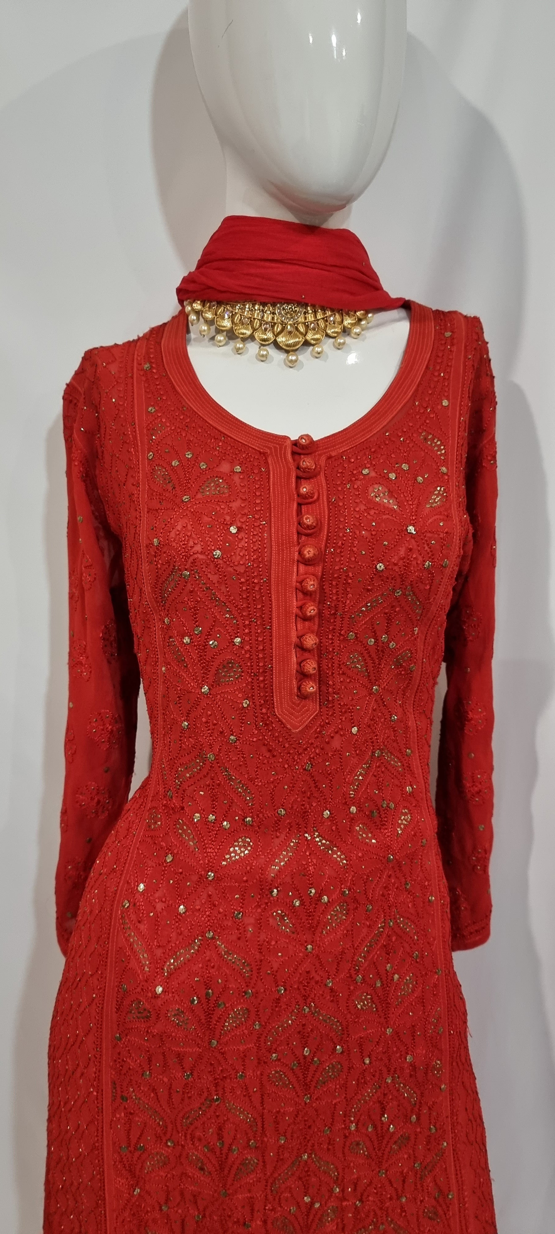 Red georgette women's chikankari anarkali — embroidery close-up | Designer Blood red anarkali