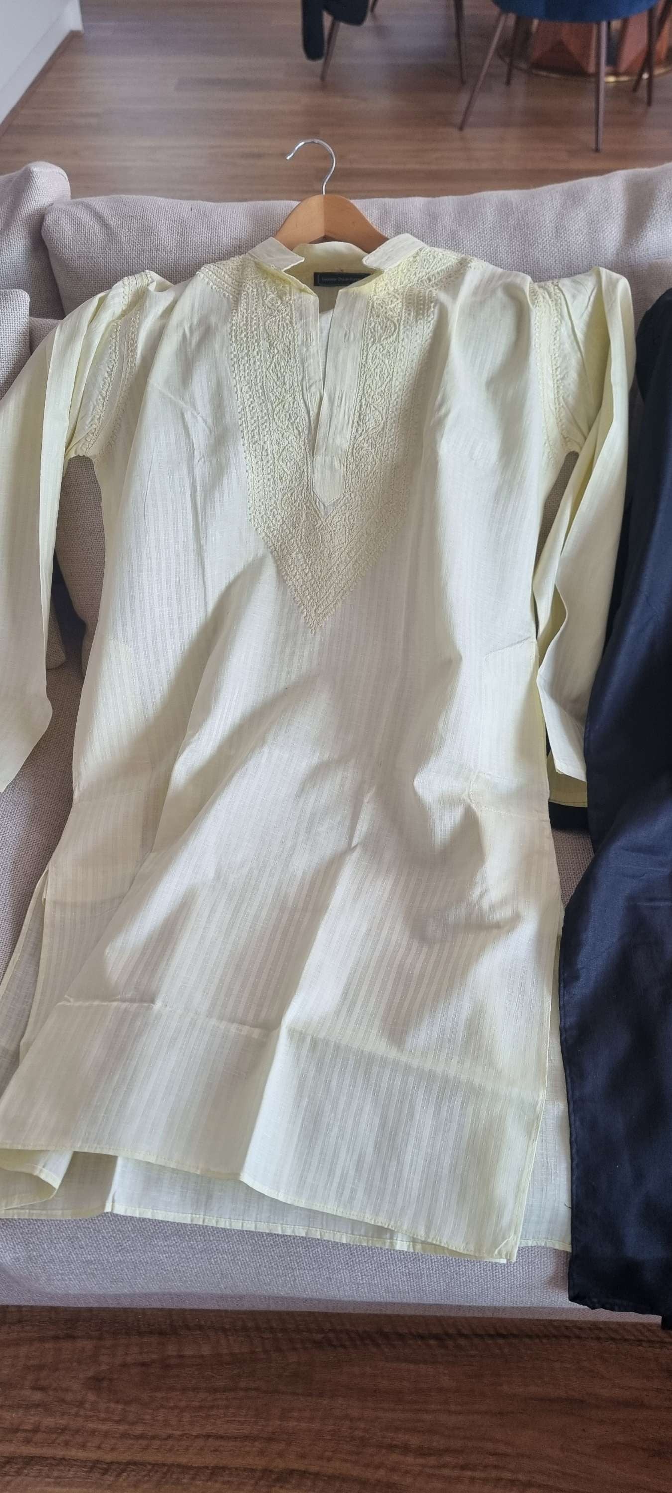 Cotton men's chikankari kurta pyjama set — back view | Shiny Men's Cotton kurta and Pajama set