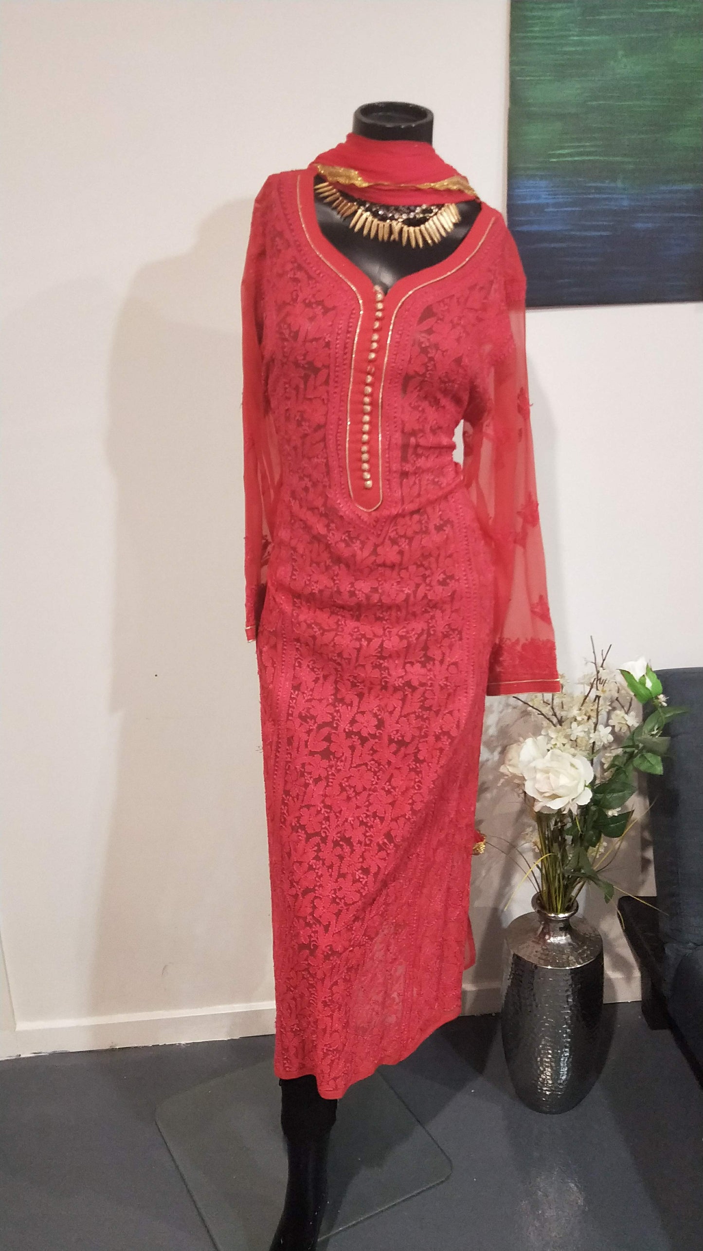Red Chikankari suit